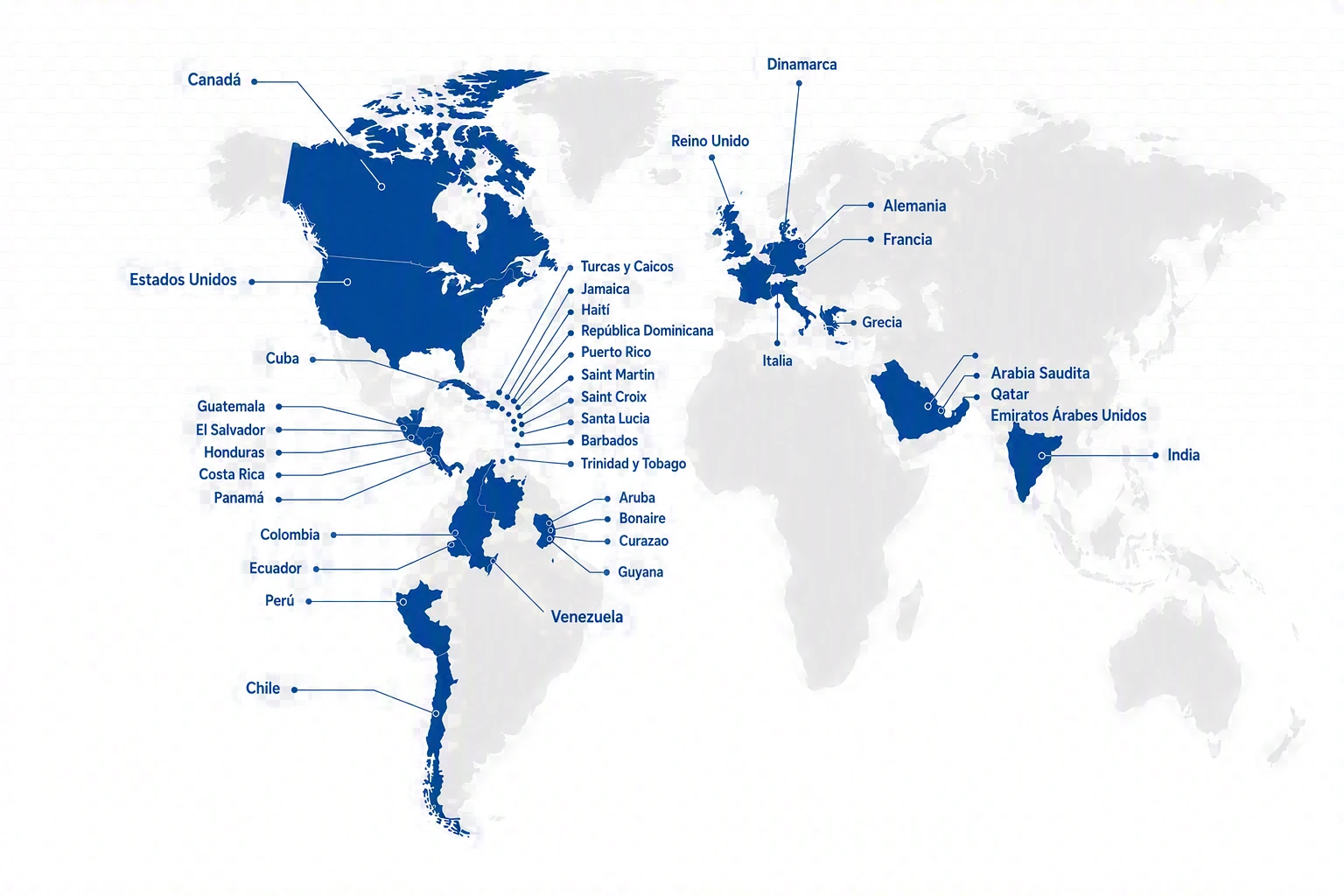 Mapa de los 37 destinos de exportación del Grupo Corripio en América, Europa, Medio Oriente y Asia